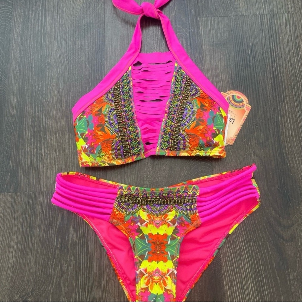 Bright Pink Multicolor Halter Bikini Set